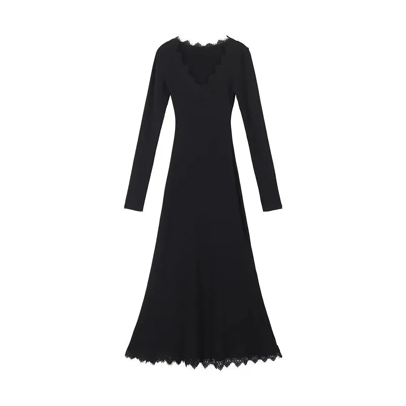 Black Lace Splice Bodycon Long Sleeve V-neck Princess Style Fish Tail Dress Women's Autumn Winter New Waist-cinching Gown