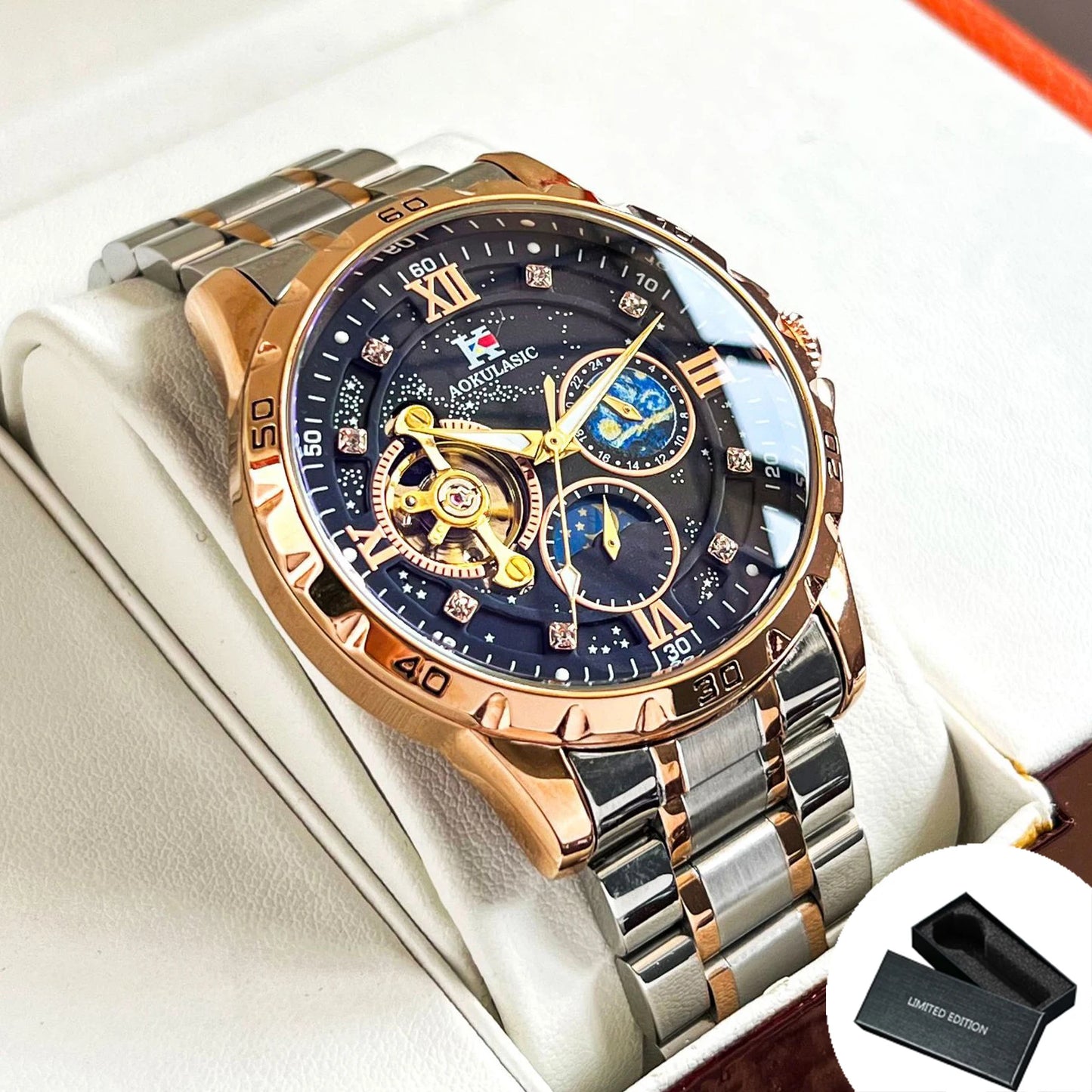 Tourbillon Skeleton Mechanical Watches Starry Sky Moon Phase Diamond Luminous Dial Steel Strap Luxury Brand Automatic Mens Watch