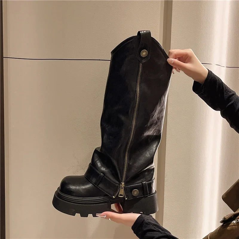 Women's Boots 2025 New Style Retro High Western Boots for Autumn and Winter Fashion Versatile Female Knight Boots