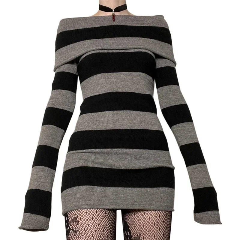 Women Autumn Off Shoulder Mini Sweater Dress Knit Bodycon Long Sleeve Off Shoulder Short Dress Y2k Ribbed Pullover Tunic Dress