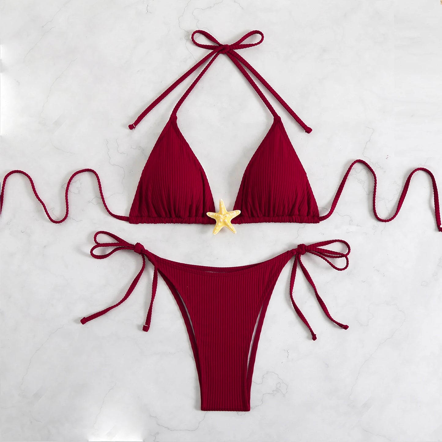 Yiiciovy New Women Push Up Swimwear 2 Piece Bikini Set Starfish Sexy Halter Bandage Beachwear Bathing Suits for Beach Pool
