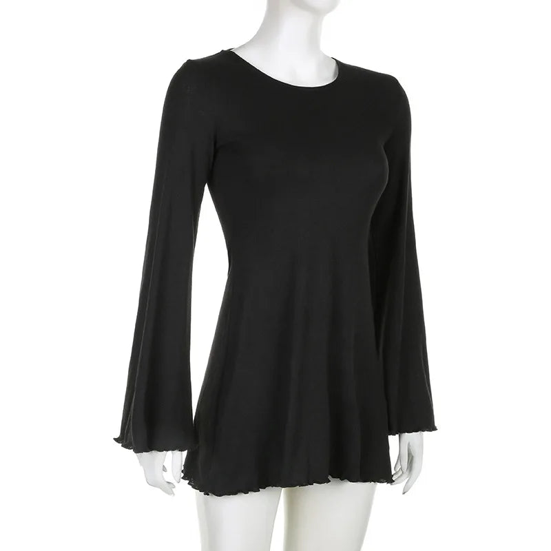 BKLD Black Dress Solid Color Knitted Round Neck Flare Long Sleeve Slim Fit A-Line Lace-Up Open Back Short Dresses For Women