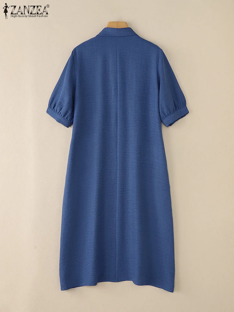 ZANZEA Women Fashion Shirt Dress 2025 Summer Sundress Lapel Neck Short Sleeve OL Work Dresses Casual Buttons Midi Vestidos Robe