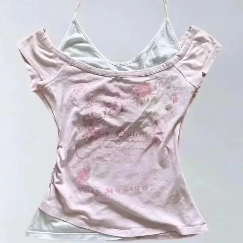 ヴィンテージ 原宿 Vネック バックレス Tシャツ レディース サマー グランジ カジュアル 女性用 Tシャツ パッチワーク Y2K クロップトップ サブカルチャー Tシャツ シック