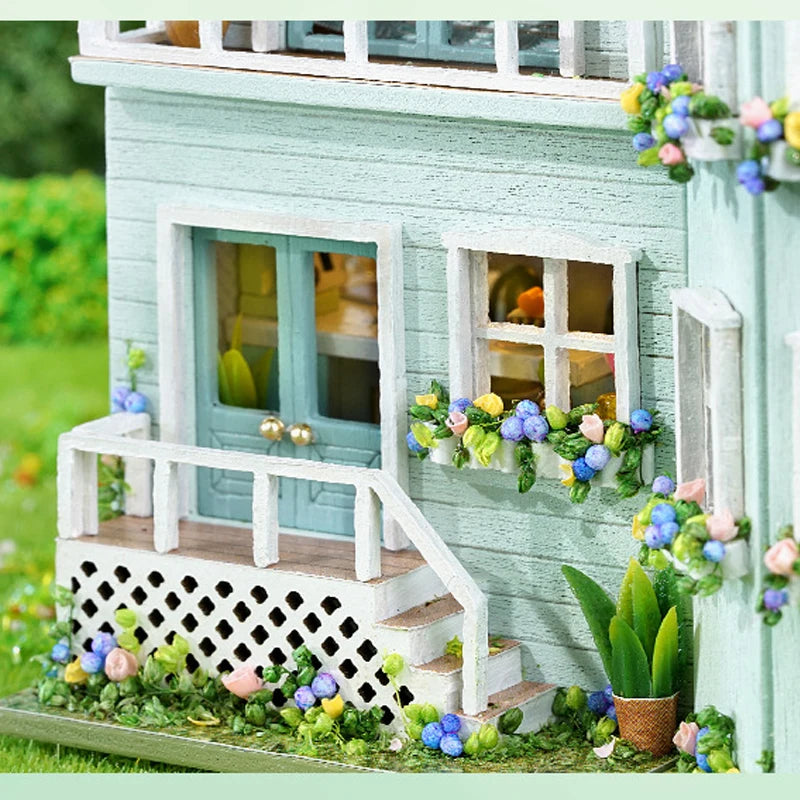 Diy Mini Wooden Dollhouse With Furniture Light Doll House Casa Assembly Model Pink Princess Villa Architecture Kit Toys Birthday