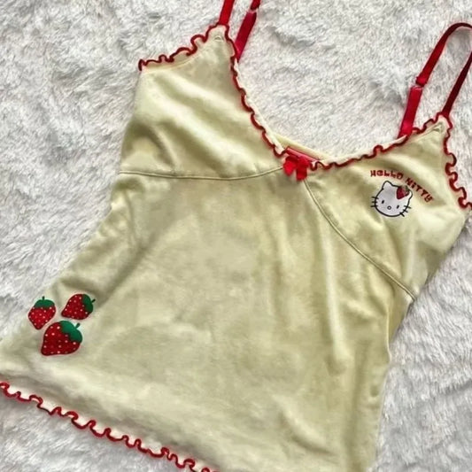 Y2K セクシーキャミソール 日本のサブカルチャー かわいい漫画子猫プリントタンクトップ ドーパミン フリルデザイン ホルターベスト スイートショートトップ