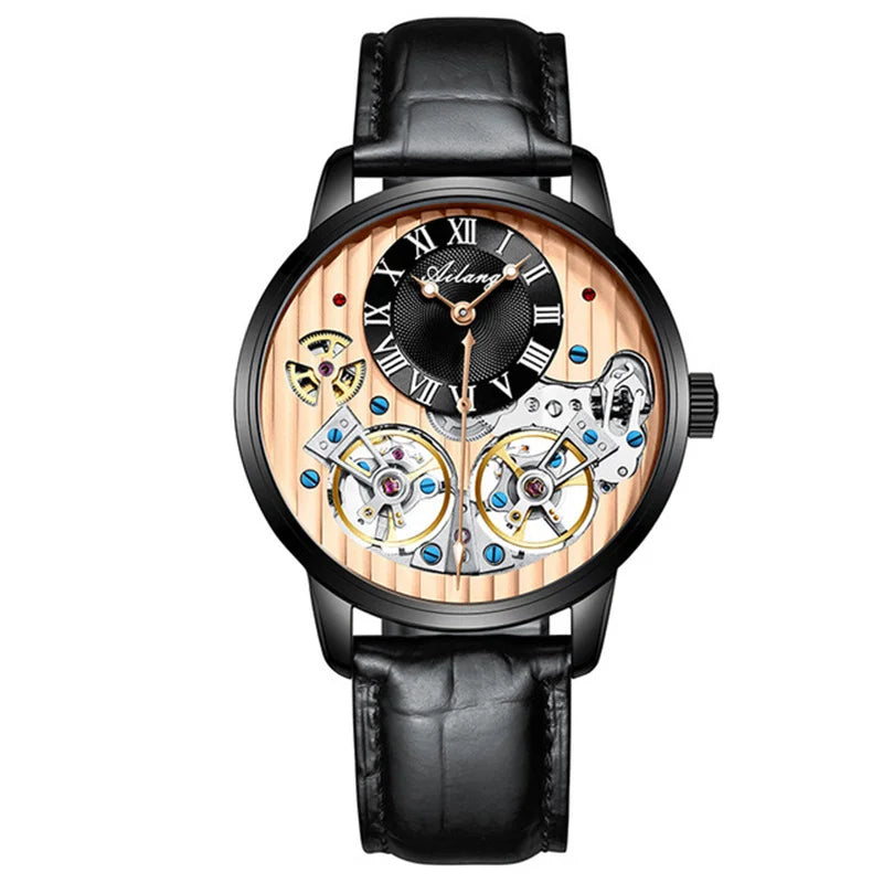 AILANG Double Tourbillon Men Watches Leather Wrist Mechanical Watches Automatic Flying Tourbillon Watches Waterproof Relogio