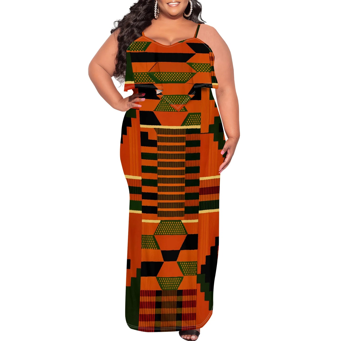 Women's Plus Size African Kente Print Maxi Dress XL-6XL Spaghetti Strap Ruffle Top Summer Party Long Sundress