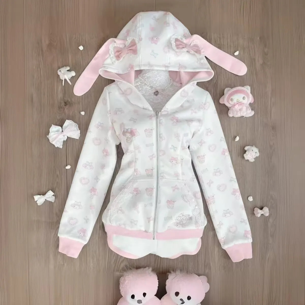 原宿系 和風 かわいい スウェットシャツ 漫画 ウサギ プリント パーカー Y2K ピンク サブカルチャー リボン ジップアップ パーカー レディース スリム アニメ パーカー