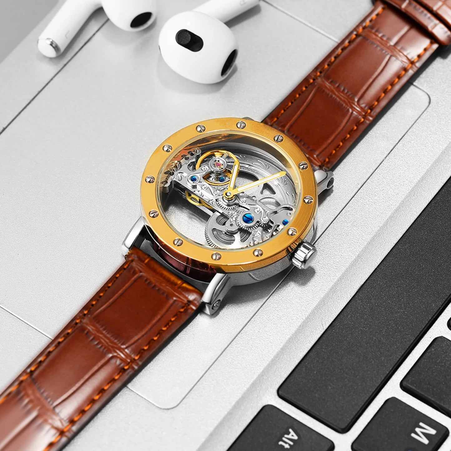 2024 Top Brand Luxury Steel Skeleton Tourbillon Automatic Watch Men Leather Mechanical Waterproof Luminous Elegant Wrist Clock