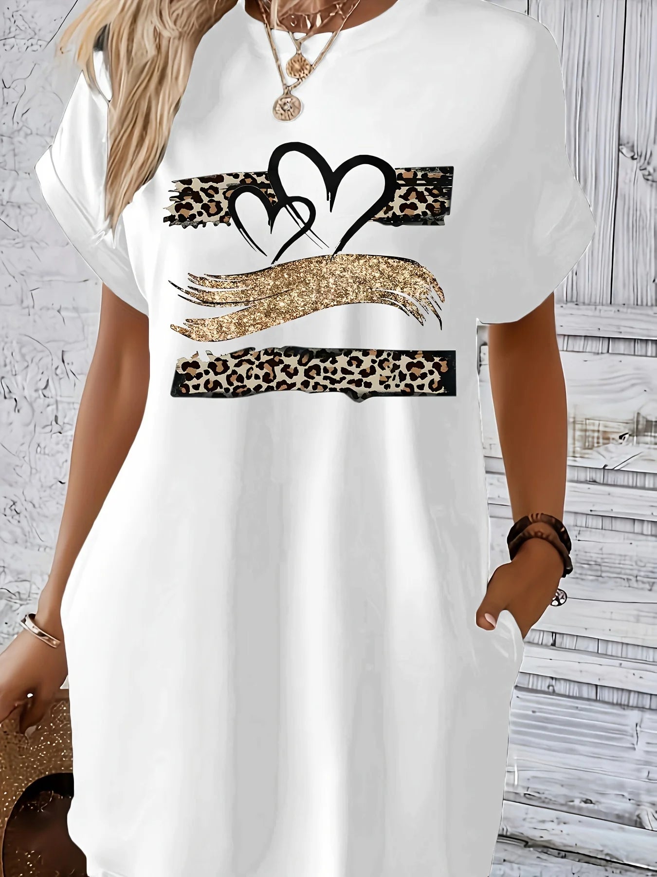 Women'S Casual Knit TShirt Dress with Heart Print Crew Neck Short Sleeve Fashionable Top Black with Colorful Flag Design