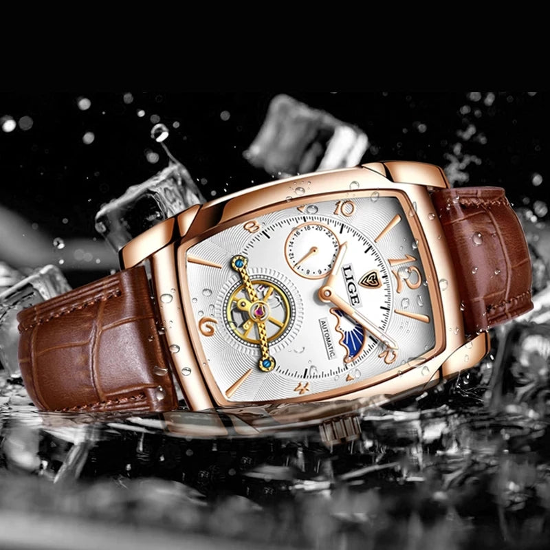 LIGE Fashion Mens Watches Top Brand Luxury Leather Military Waterproof Mechanical Wristwatch Casual Sports Tourbillon Watch Men