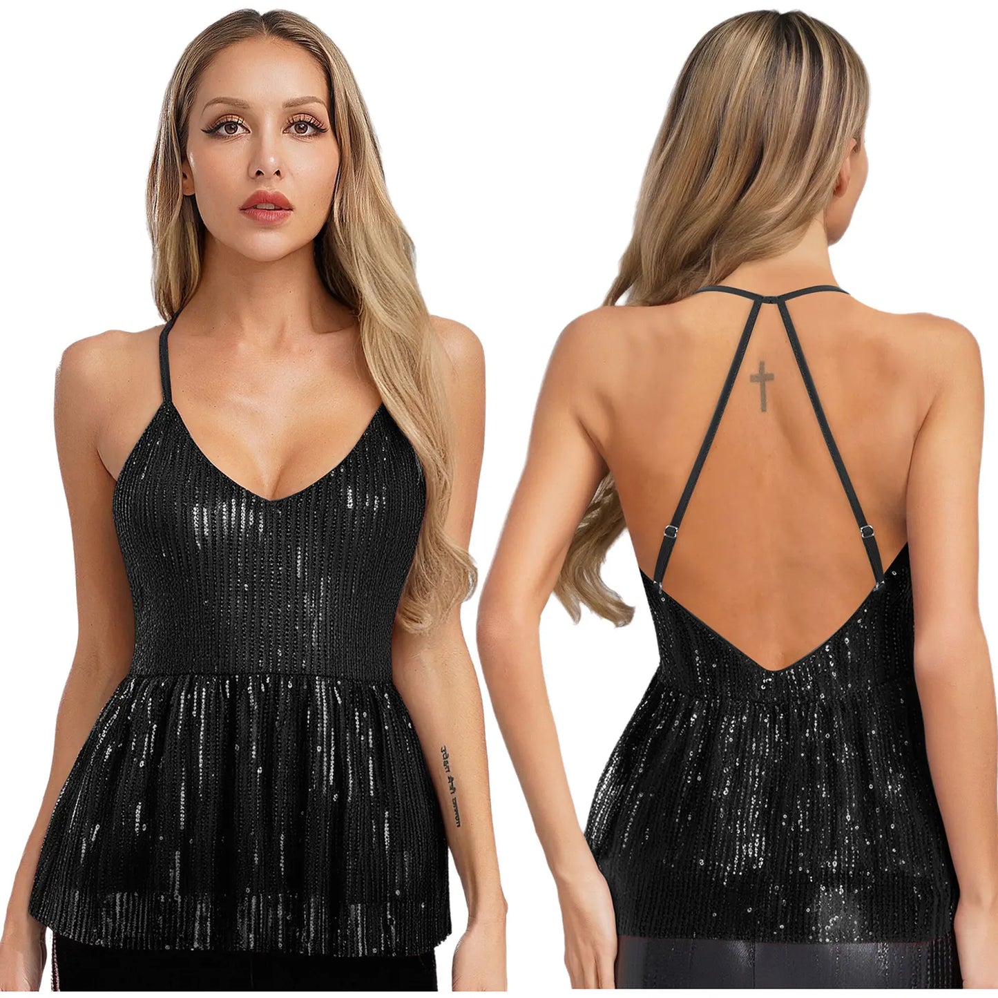 Women Sequin Tank Top Sparkling Slim Fit Blouse V Neck Cross Spaghetti Straps Open Back Ruffle Hem Vest Sparkle Slim Fit Cami