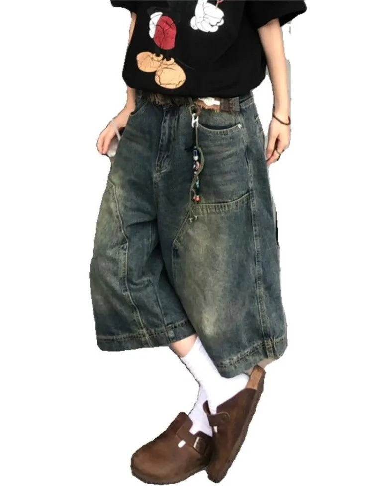 Y2K Harajuku High Street Calf-Length Pants High Waist Street Style Baggy Jean For Women Casual Loose Fit Blue Denim Shorts