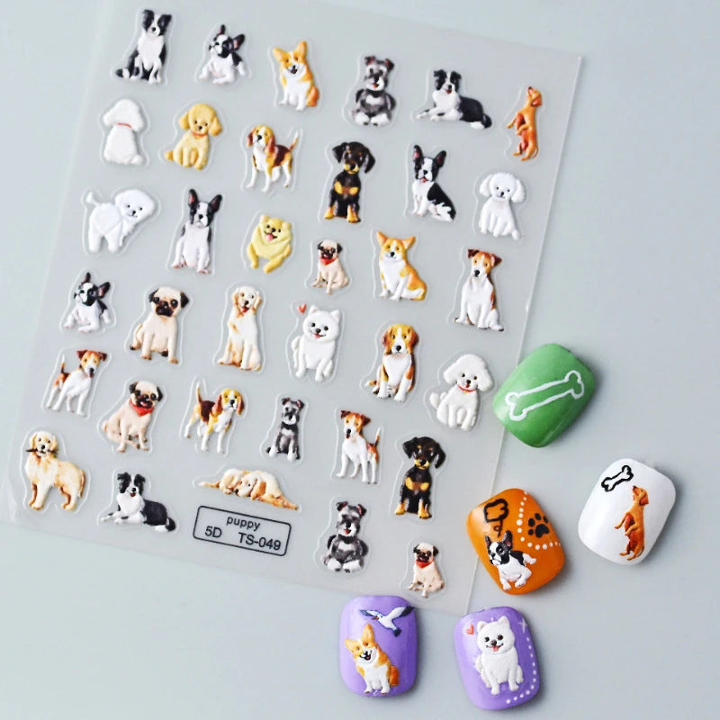 Lovely Dog Cat Animal Bunny 3D Soft Embossed Relief Self Adhesive Nail Art Stickers Cute Pretty Puppy Kitty Star Manicure Decals
