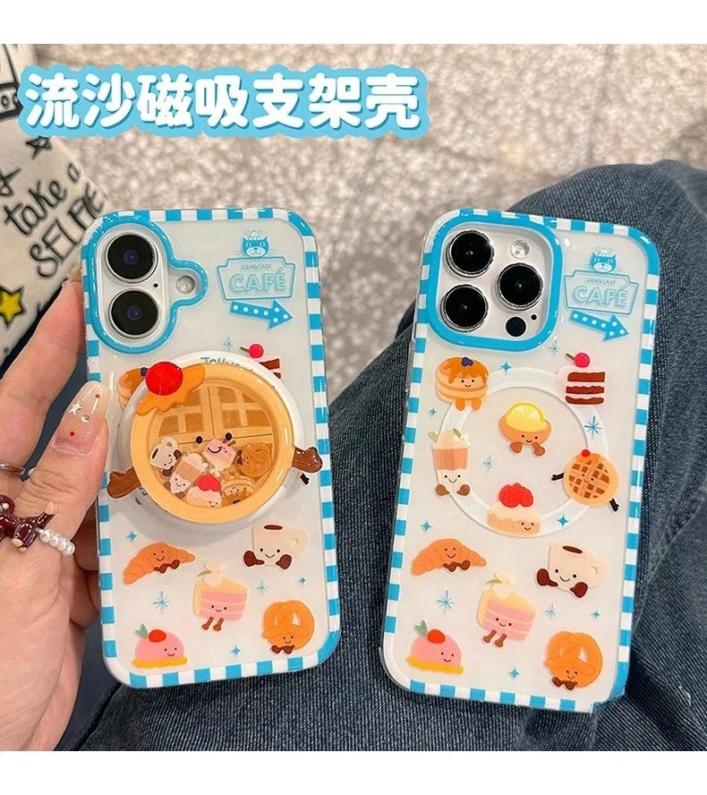 Luxury Cute Waffle Cake Magsafe Wireless Charge Case For iPhone 13 14 15 16 Pro Max Funny Cartoon Waffle Shake Magnetic Holderr