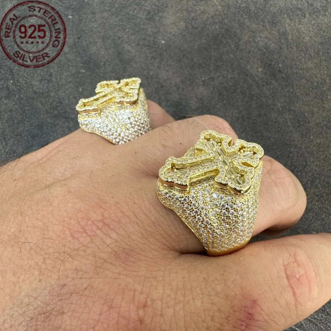 メンズ バゲット ゴールドメッキ 925 スターリングシルバー ゴシック クロスリング フルジルコン象嵌 高級 ヒップホップリング レトロジュエリー