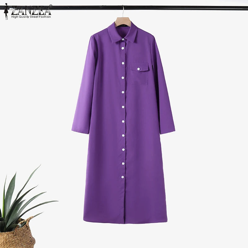 ZANZEA Office Casual Collared Shirtdress Women Autumn Fashion 3/4 Sleeve Button Up Midi Dresses Commuting Solid Color Robe Femme