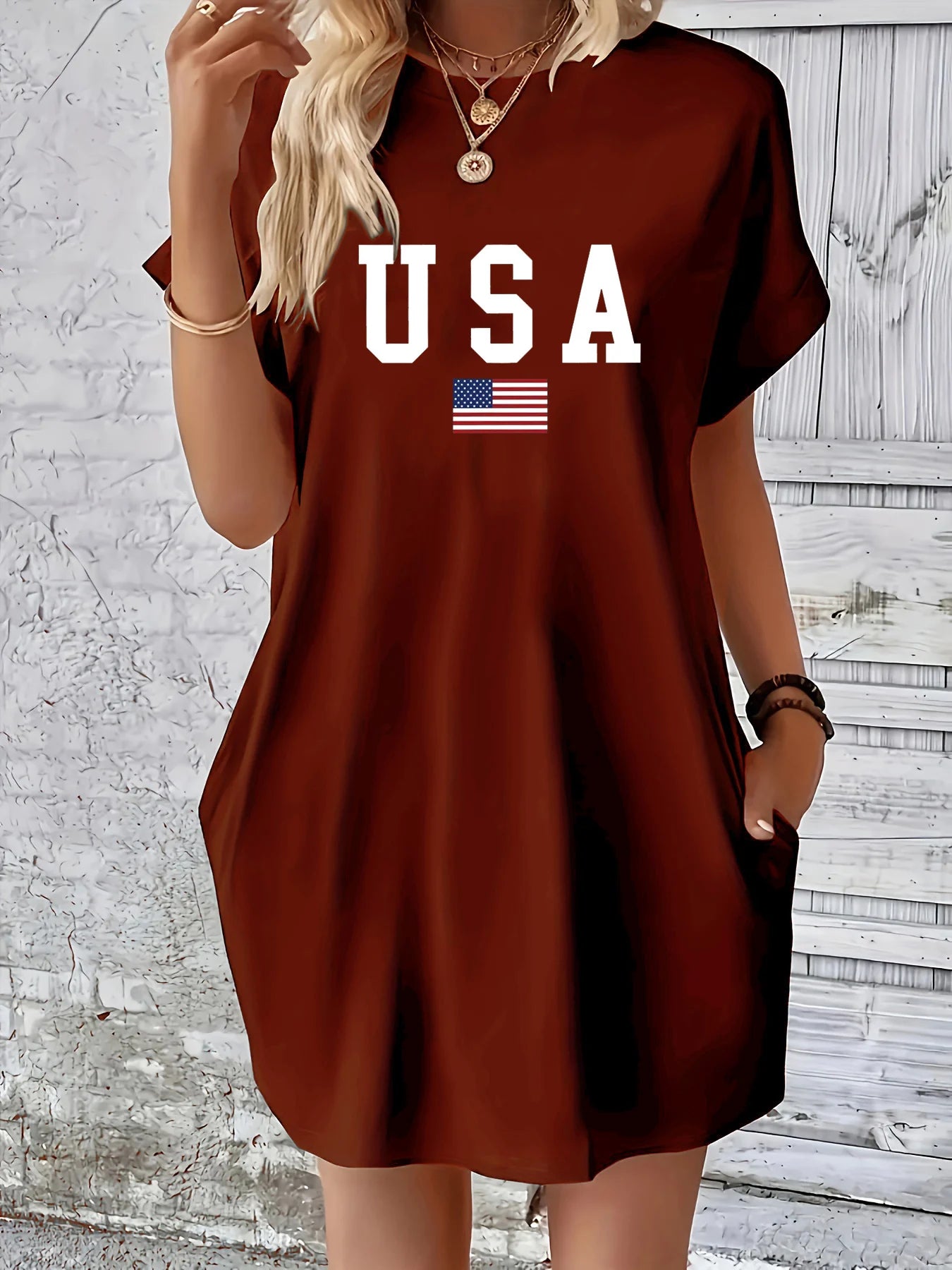 Women's summer loose classic USA flag print round neck short sleeved pocket comfortable casual dress