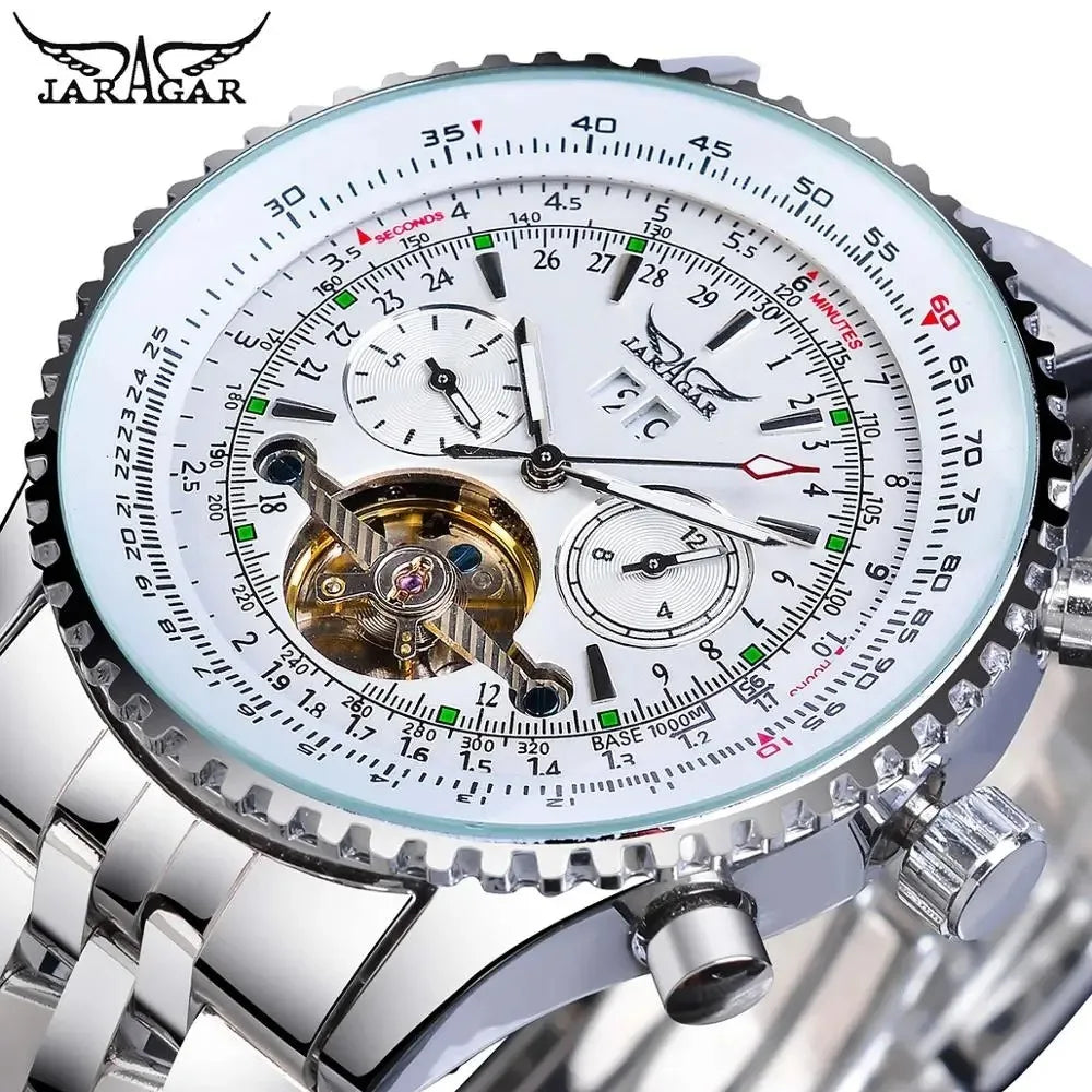 Jaragar 034 Top Brand Retro Blue Automatic Multifunctional Watch Stainless Steel Date Tourbillon Hollow Skeleton Watch Men Watch