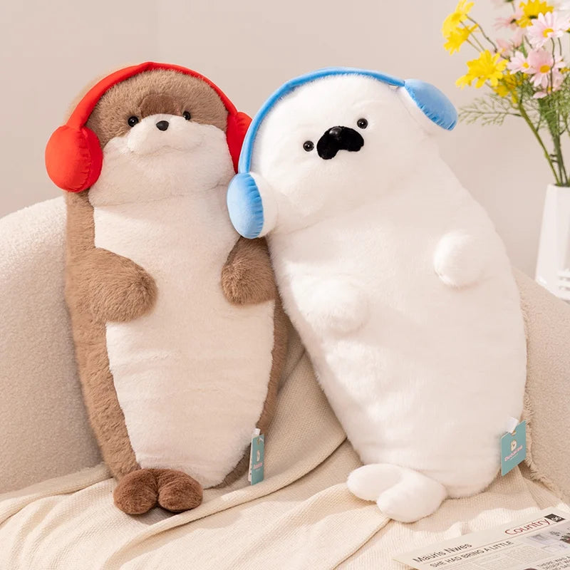 High Quality Genuine Kawaii Cartoon Sea Creature Otter Plush Doll Pillow Headset Blue Seal Otter Stuffed Animal Birthday Gift