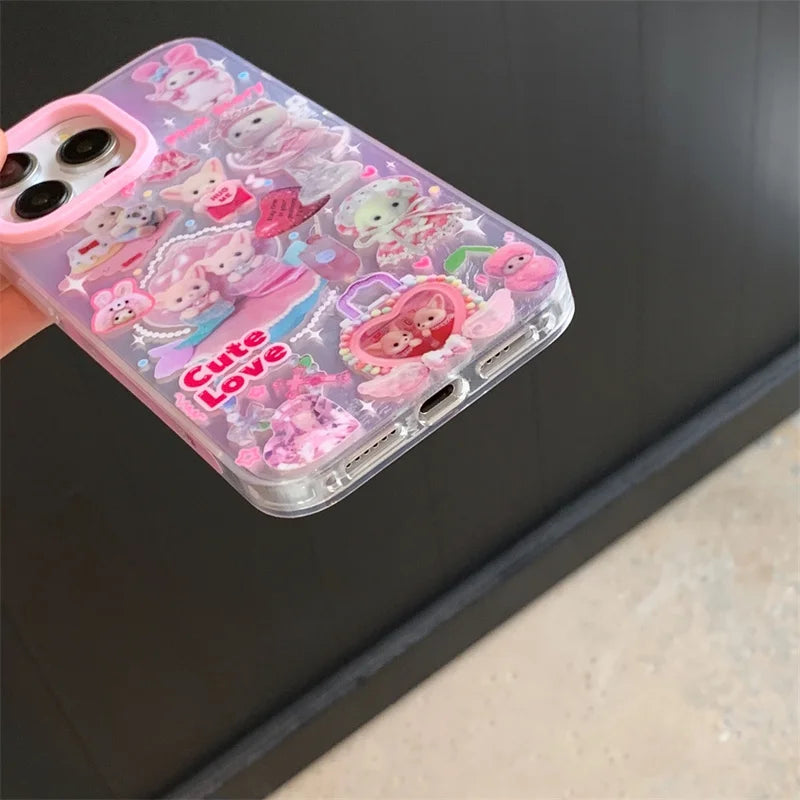 Luxury Laser Rainbow Cute Pink Heart Love Cat Cartoon Phone Case For iPhone 12 13 14 15 16 Pro Max Y2k 3D Furry Cat Doll Lanyard