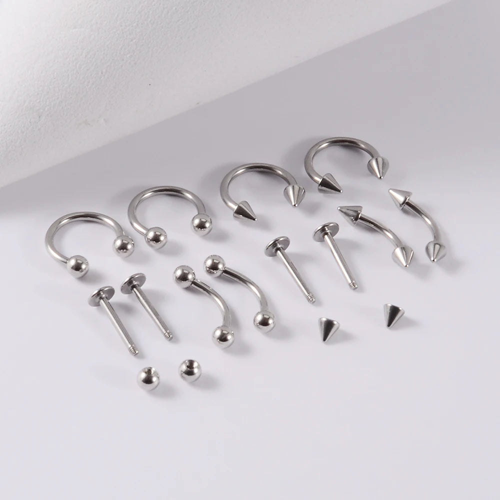 12pcs/Set Surgical Steel Silver Color Gold Plated Black Rainbow Ear Nose Eyebrow Labret Basic Piercing Jewelry Set 8mm