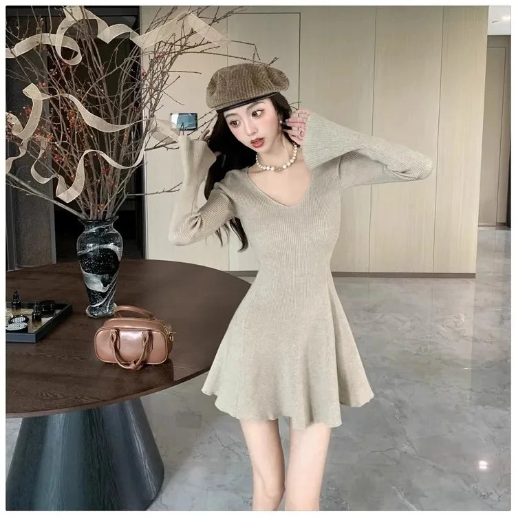 Autumn Winter Long Sleeve Mini Skirt Dress Women's Inner Wear Slimming Base Layer Hot Girl Wrap around Short Skirt Dress