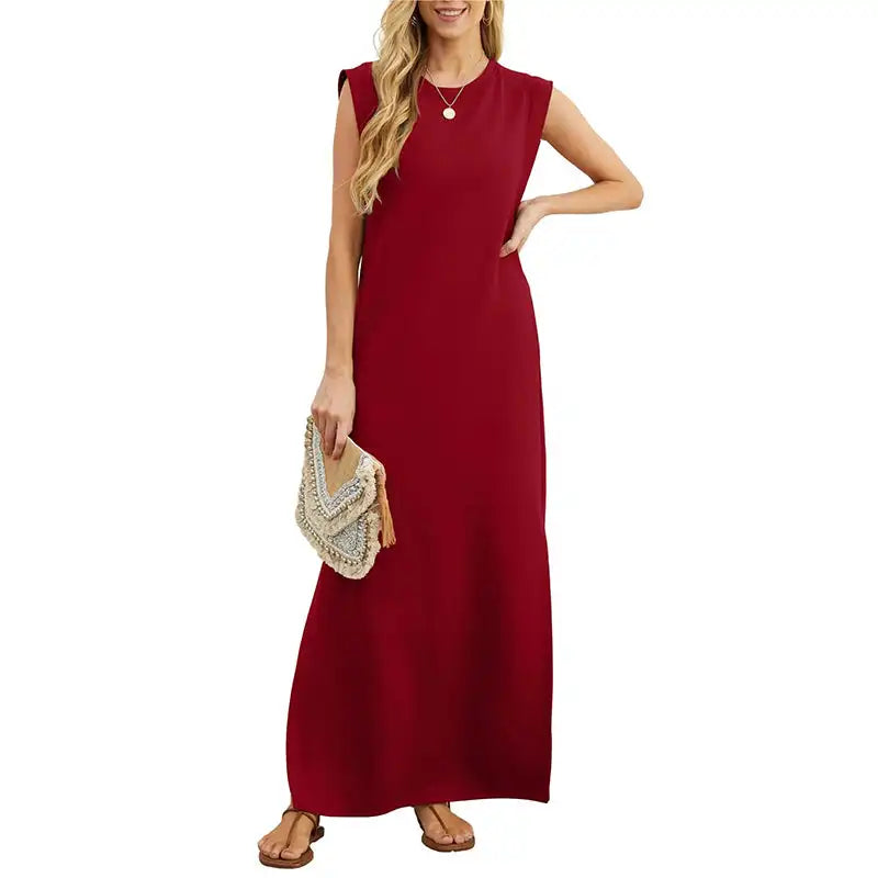 Women's Summer Casual Loose Sundress Long Dress Sleeveless Round Neck Split Tshirt Maxi Dresses Wrinkle-Free with Pocket