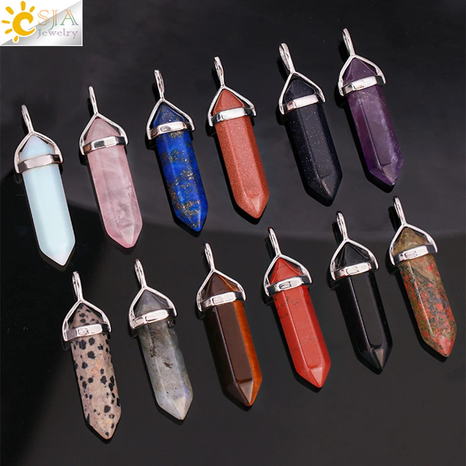 CSJA Hexagonal Bullet Crystal Necklaces Natural Gem Stone Quartz Necklace Pendant Chakra Amethysts Pink Quartz Lapis Lazuli G957