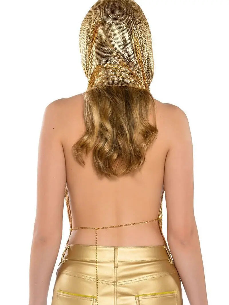 Women Metal Sequins Tank Top With Turban 2 Piece Sexy V Neck Backless Suspender Top Rave Festival Party Nightclub Camisole