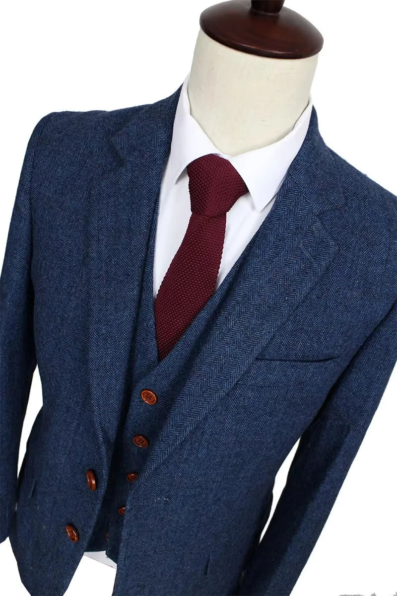 Wool Blue Herringbone Retro Gentleman Style Custom Made Men's Suits Tailor Suit Blazer Suits For Men 3 piece (Jacket+Pants+Vest)