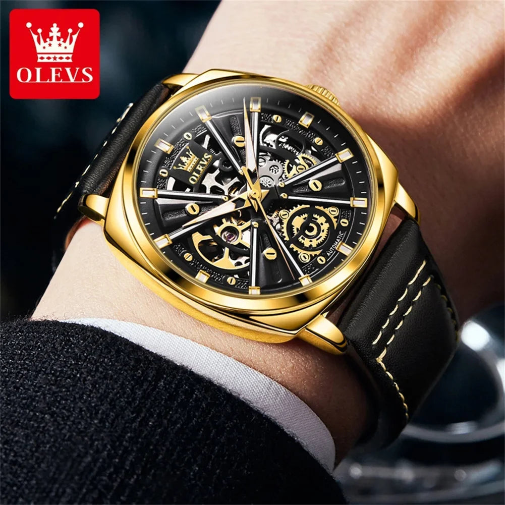 OLEVS Mens Watch Automatic Mechanical Watch Business Leather Strap Tourbillon Watch for Men Waterproof Luminous Wristwatch Clock