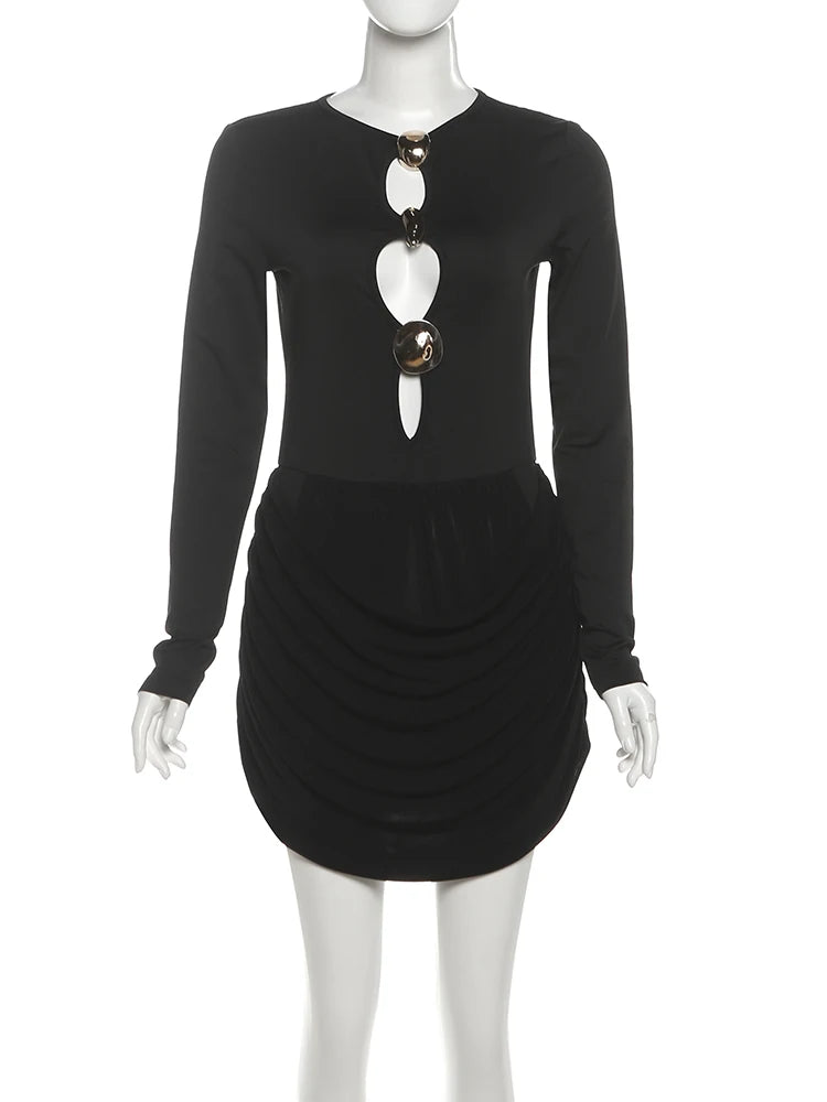 Weird Puss Velvet Patchwork Dress Women Y2K Sexy Sequined Hollow Long Sleeve Simple Office Elegant Commute Stretch Mini Bodycon