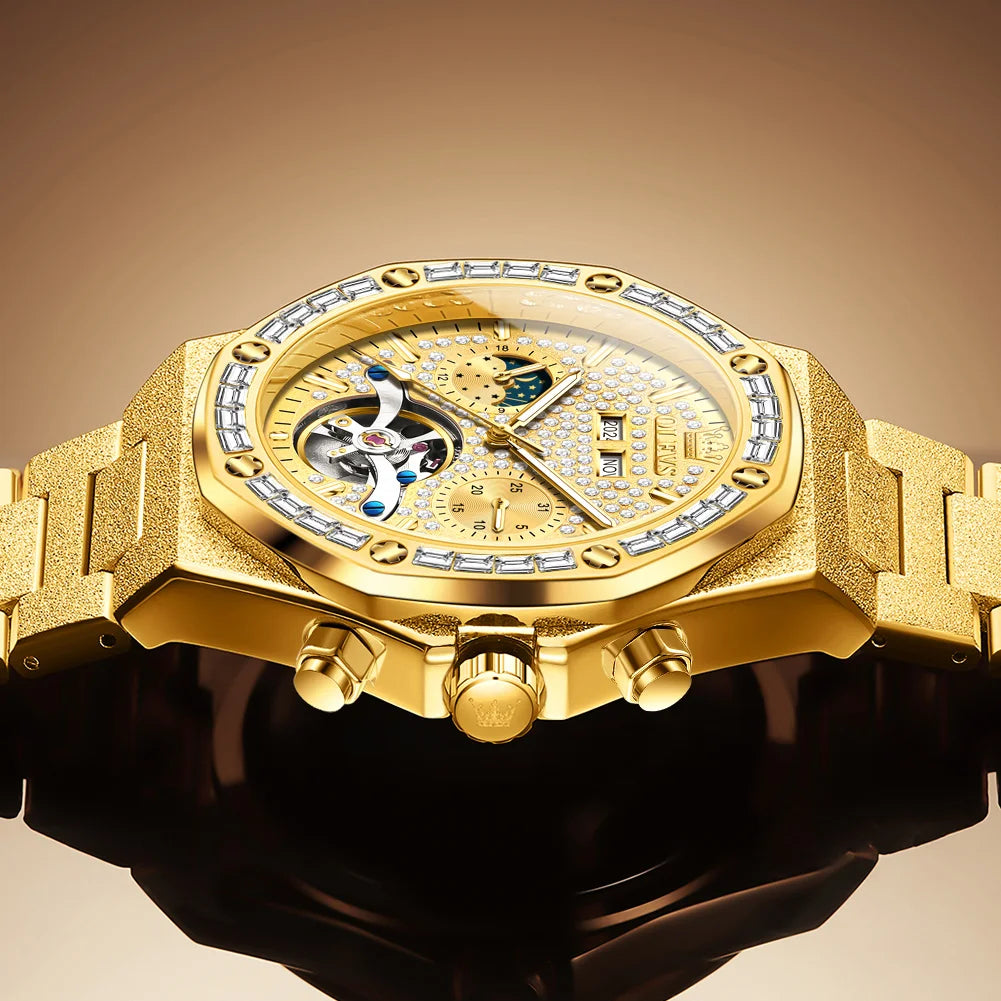 OLEVS Gold Steel Mens Watches Top Brand Automatic Mechanical Luxury Watch Sport Waterproof Tourbillon Wrist Watch Reloj Hombre