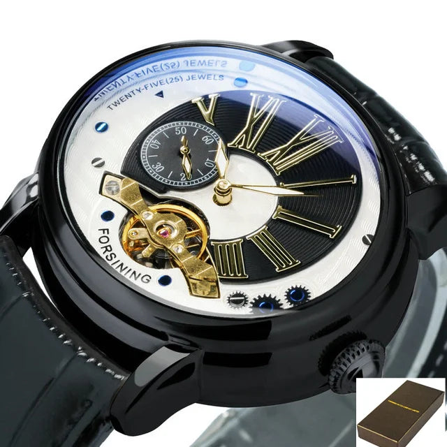 Forsining 367A Tourbillion Fashion Wave Black Golden Clock Roman Scale Mens Automatic Mechanical Watches Top Brand Luxury