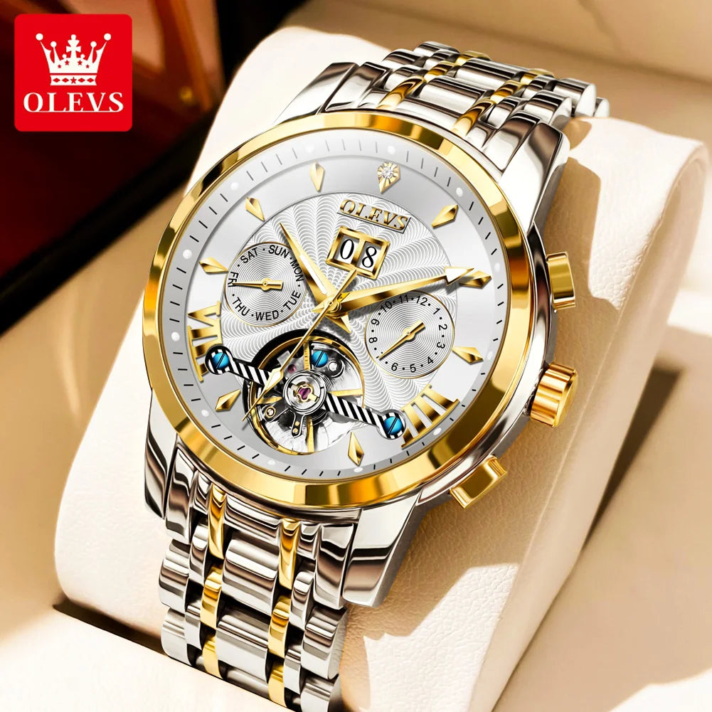 OLEVS Brand Fashion Blue Mechanical Watch for Men Stainless Steel Waterproof Luminous Calendar Luxury Tourbillon Watches Mens