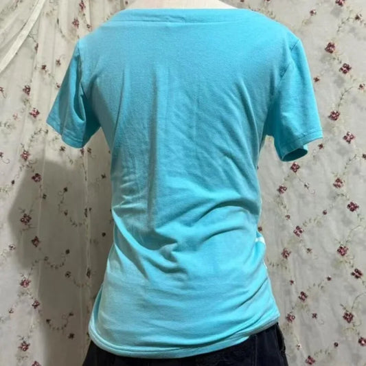 アメリカン・ホッティーTシャツ サブカルチャー ストライプ パッチワークTシャツ かわいい 原宿系 漫画 クマ プリントTシャツ レディース スリム フェイクツートップス