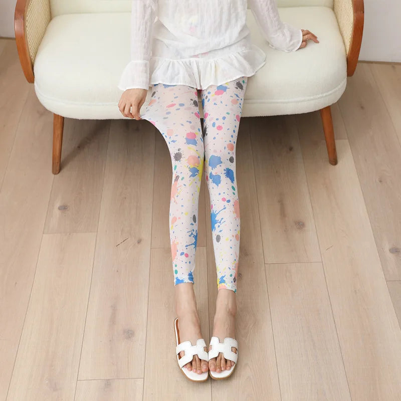 Women Trendy and Fashionable Printed Mesh Leggings, Ice Silk Flower Cartoon Shorts,Sexy Girl Fitness Elastic Pants