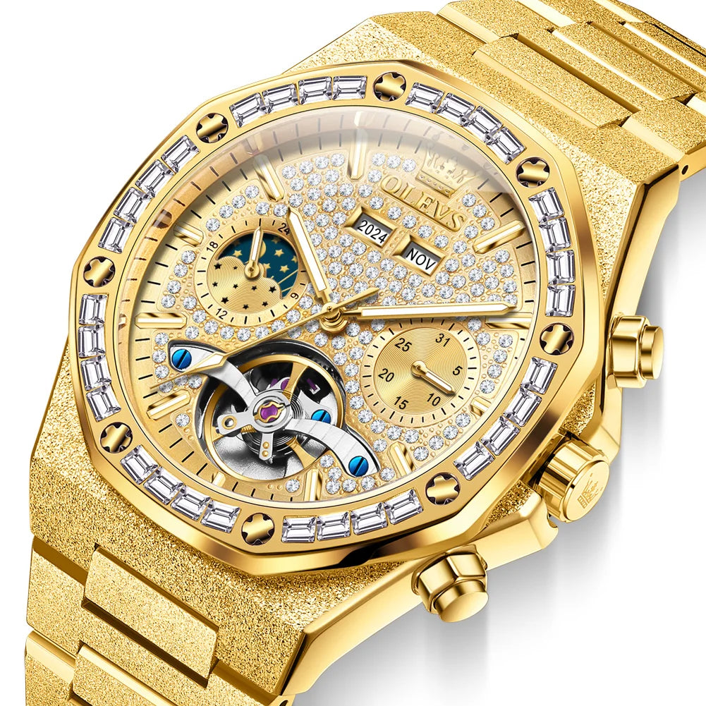 OLEVS Gold Steel Mens Watches Top Brand Automatic Mechanical Luxury Watch Sport Waterproof Tourbillon Wrist Watch Reloj Hombre
