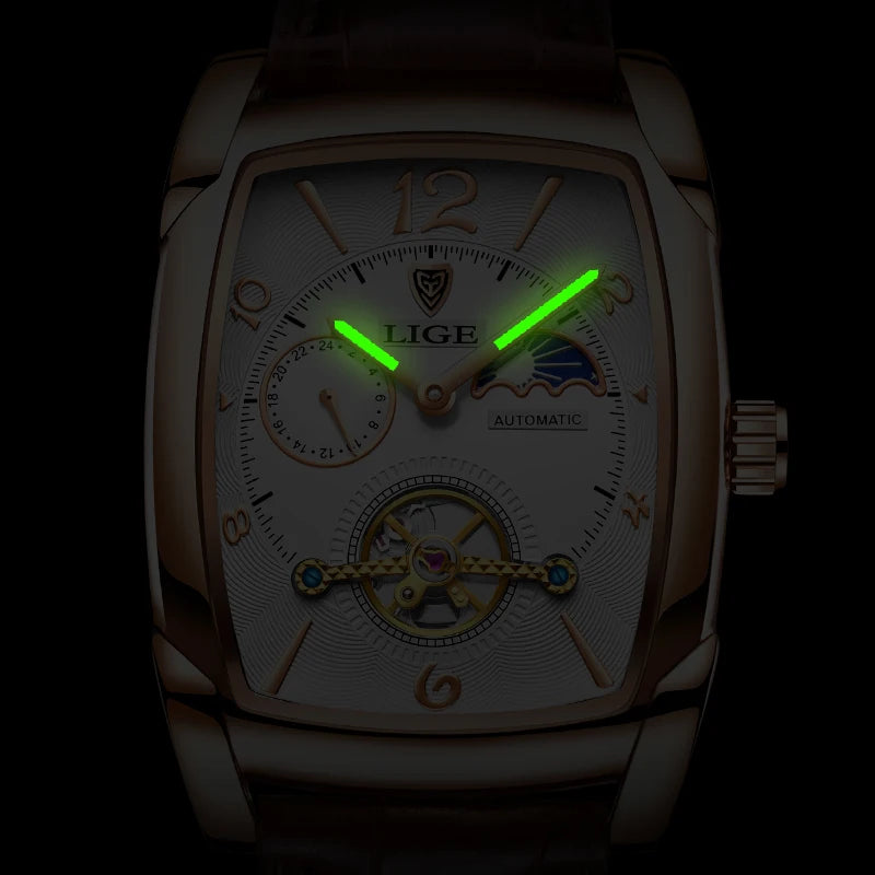 LIGE Fashion Mens Watches Top Brand Luxury Leather Military Waterproof Mechanical Wristwatch Casual Sports Tourbillon Watch Men