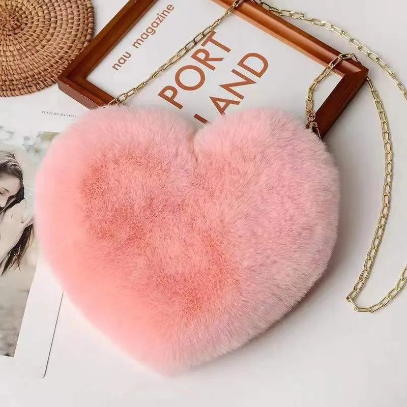 Love Bag New Valentine's Day Chain Plush Heart shaped Bag Female Diagonal Cross Bag Peach Heart shaped Love Small Bag Female