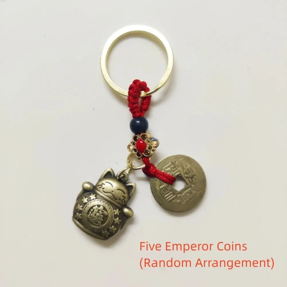 1Pc Vintage Pure Handmade Lucky Cat Car Keychain Lucky Cat Five Emperors Money Keychain Feng Shui Coins Solid Lucky Key Ring