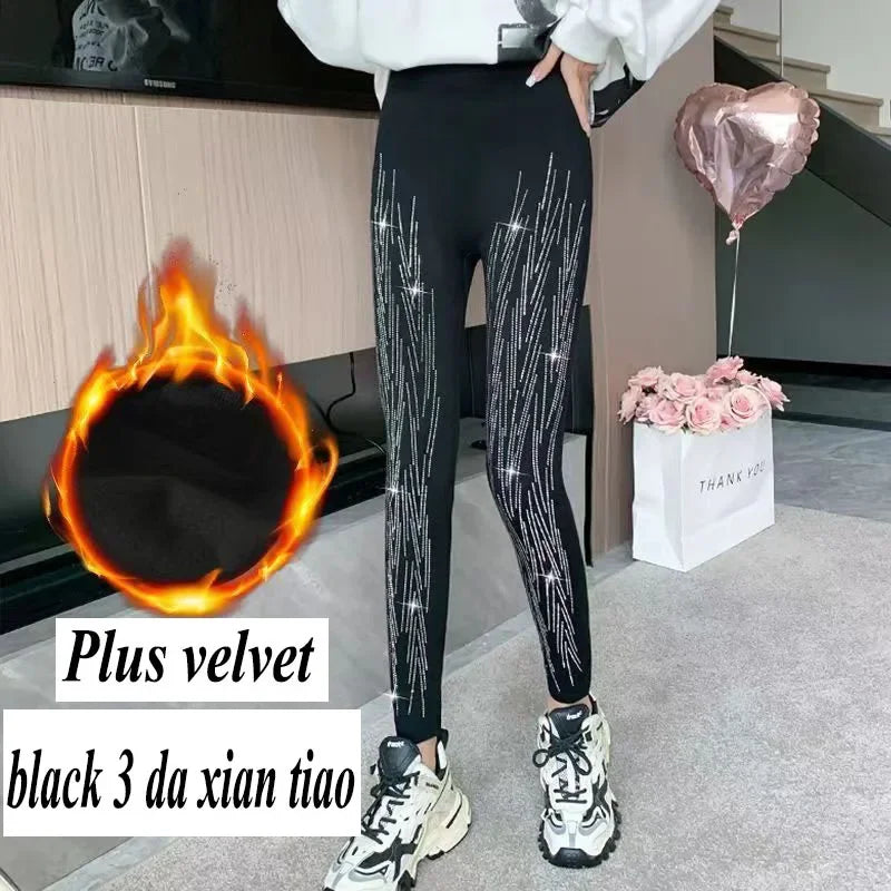 Xpqbb Black Stretch Rhinestone Skinny Leggings Women Autumn Winter Thick Velvet Ankle-Length Pants Tide Elasticit Shinny Legging