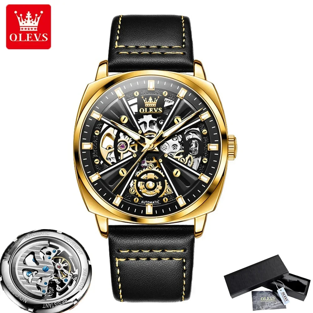 OLEVS Mens Watch Automatic Mechanical Watch Business Leather Strap Tourbillon Watch for Men Waterproof Luminous Wristwatch Clock
