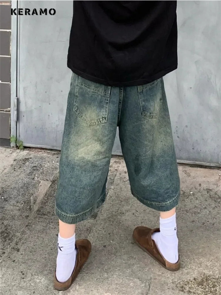Y2K Harajuku High Street Calf-Length Pants High Waist Street Style Baggy Jean For Women Casual Loose Fit Blue Denim Shorts