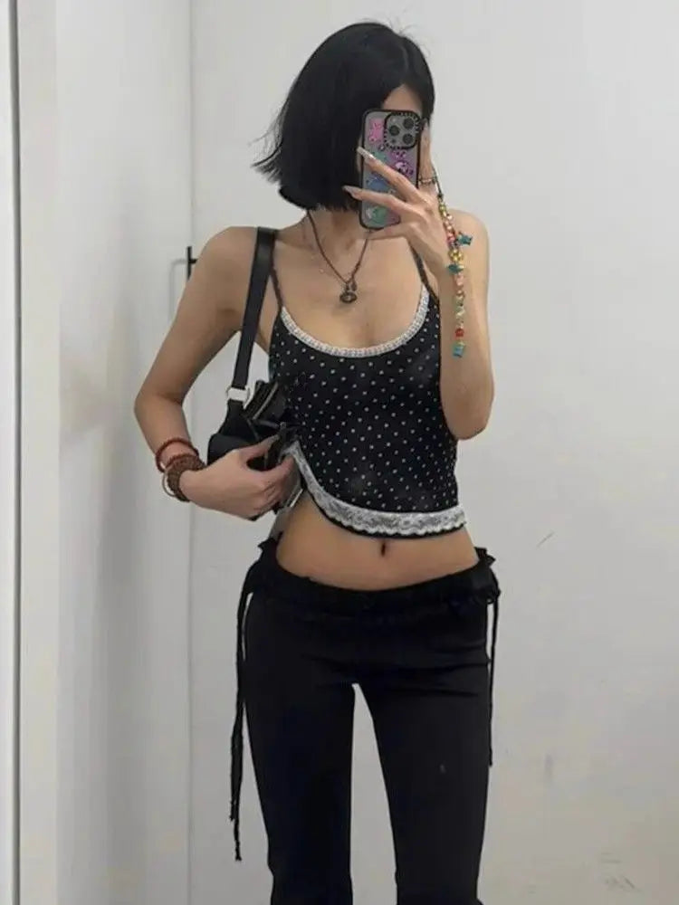 Yedinas Dot Patchwork Lace Halter Tops Sleeveless Tshitrs Tank Tops Summer Camisole Women Clothes Sexy Streetwear Y2k Chic