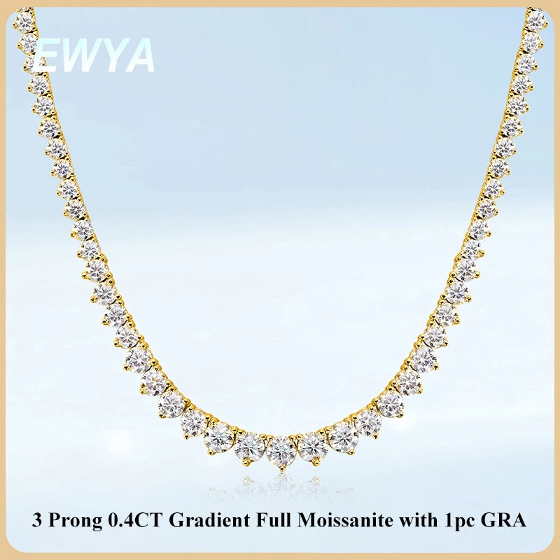 EWYA 3 Claw 0.4CT Gradient Full D Color VVS Moissanite Tennis Necklace for Women 925 Silver Plated 18k GRA Certified Neck Chain
