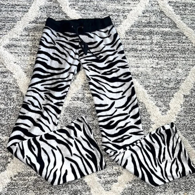 Zebra Stripe Pattern Straight Casual Pants Drawstring Versatile Y2K Bottoms Chic Rock Punk Emo Girl's Slim Fit Women's Trousers