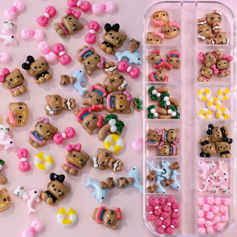 12Grids Summer Black Skin Hello Kitty Nail Charms 3D Pink Bows Hello Kitty Nail Art Rhinestone Cute Cartoon DIY Nail Accessories